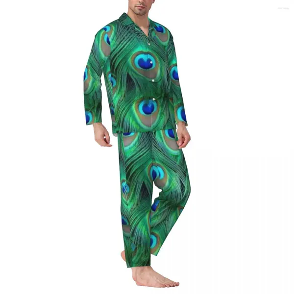 Homens sleepwear pavão penas pijama conjunto outono verde azul pássaro confortável quarto homens 2 peça estética oversize personalizado nightwear