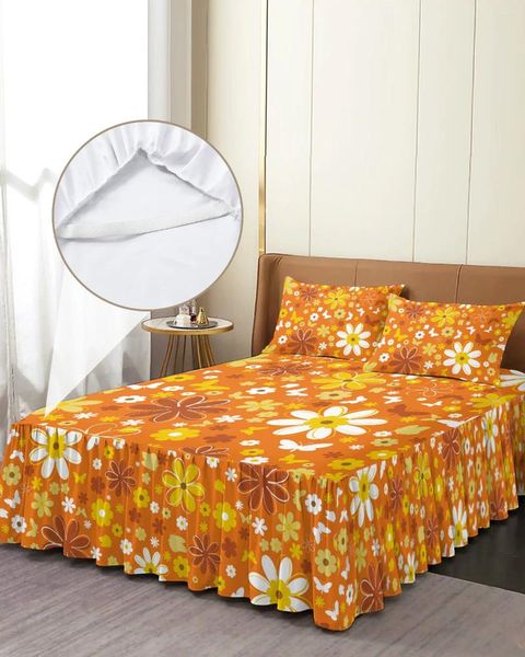 Saia de cama laranja pequena margarida flor elástica colcha com fronhas capa de colchão conjunto de cama lençol