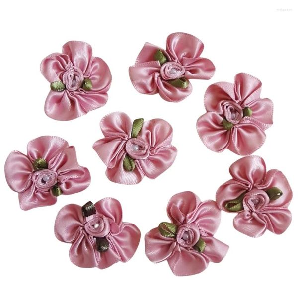 Fiori decorativi 30 pezzi fiocchi di fiori in nastro di raso rosa antico perla rosa applicazioni artificiali tessuto matrimonio cucito artigianale regalo fatto a mano