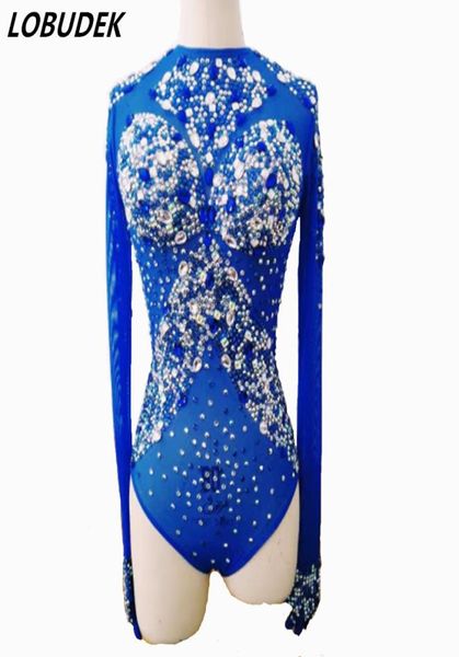 Weiblicher Overall-Bodysuit, sexy Kostüm, leuchtende Kristalle, blauer Strass-Trikot für Sänger, Tänzer, Nachtclub, Junggesellenabschied, Outfit 6294163
