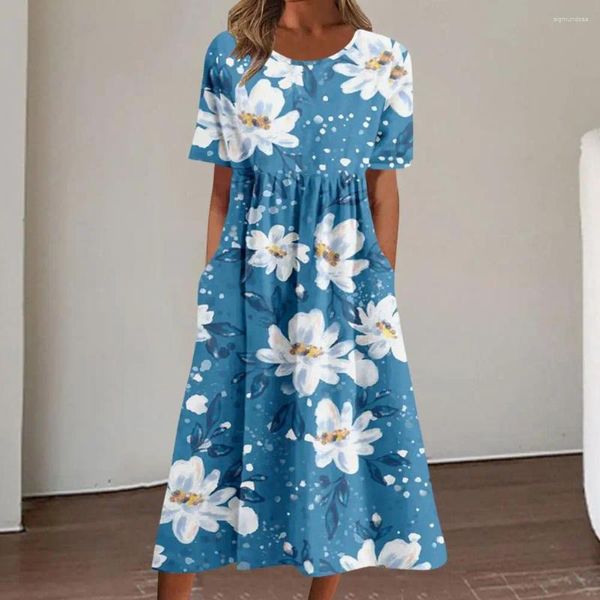 Vestidos casuais meados de bezerro comprimento elegante tripulação pescoço mulheres vestido de verão bolsos senhoras mangas curtas vestuário