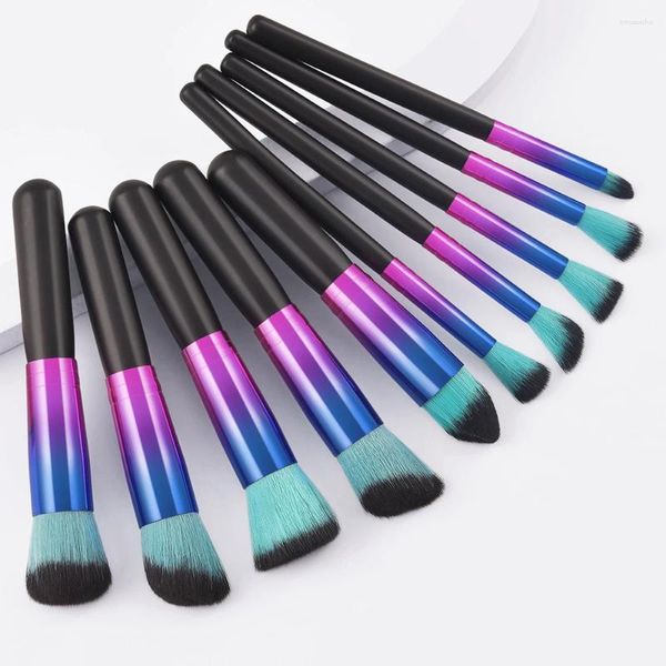 Pennelli per trucco 10 pezzi Set colorato sfumato blu manico in legno Pennello cosmetico di bellezza Fondotinta Ombretto in polvere Fard Strumenti