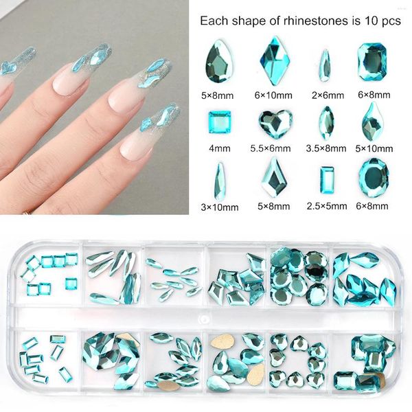 Nagelkunst-Dekorationen, 120 Stück/12 Gürtel, Aquamarin, nicht fixierte Strasssteine, flache Rückseite, Kristalldiamant-Edelsteine, 3D-Glitzer, SW, luxuriös