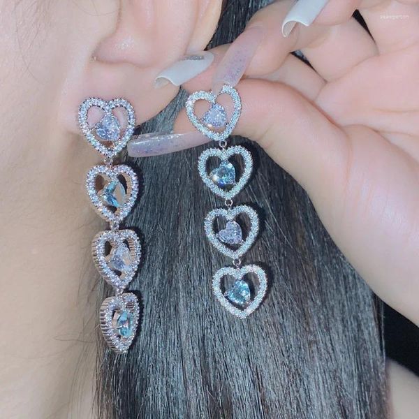 Boucles d'oreilles Lihua XiaoXiangfeng Design de bijoux plaqué 18k brillant plein Zircon Super longue personnalité coeur tordu soeur royale