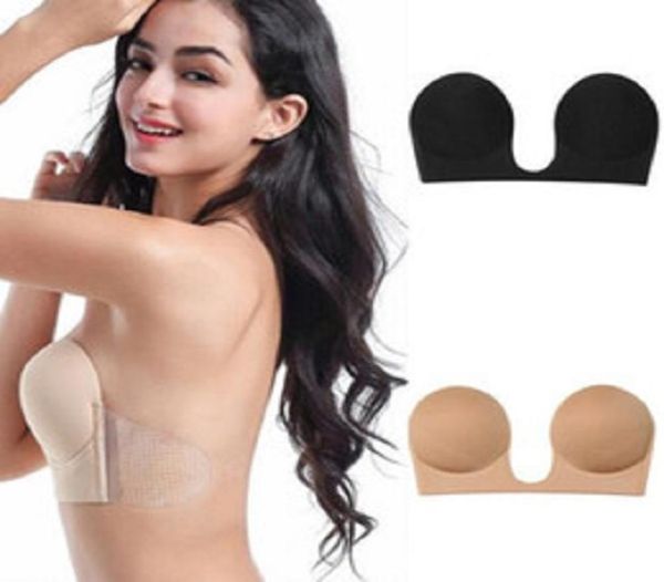 Sexy rückenfreier Dekolleté-BH für Damen, trägerlos, nahtlos, U-Form, selbstklebendes Silikon, unsichtbarer Stick-On-Push-up-BH mit Draht, Schwarz, Nude1594700