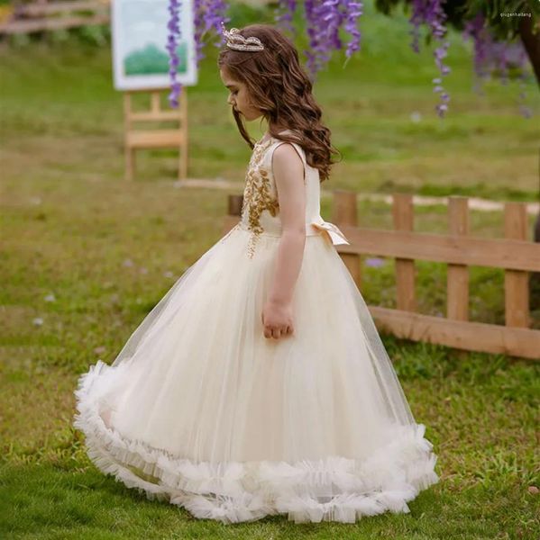 Mädchenkleider Blumenkleid Tüll Flauschig Ärmellos Für Hochzeit Goldene Applikation Mit Schleife Prinzessin Kindergeburtstag Heilige Kommunion