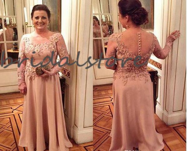 Lindo champanhe mãe da noiva vestidos com apliques mangas compridas até o chão chiffon noivo mãe vestidos de festa à noite 2023534962