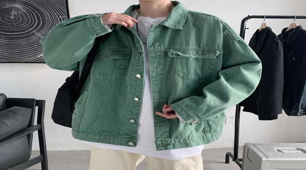 Men039s jaquetas primavera outono homens denim coreano buraco sólido streetwear lazer jean jaqueta cáquiblackarmy verde moda jeans c2995458