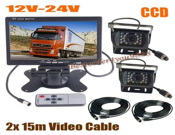 2 x 18 LED IR CCD Auto Rückfahrkamera 4Pin 7 Zoll LCD-Monitor Rückansicht Kit Bus LKW Van 2x 15M Videokabel 12V24V Schnell Sh7115318