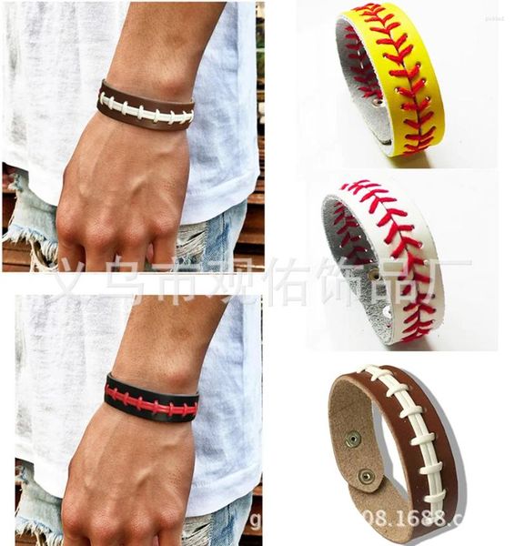 Braccialetti con ciondoli Gomma per sport Bracciale da uomo con polsino a punto baseball in pelle a spina di pesce in pelle con pizzo cucito