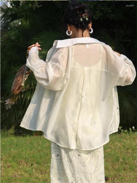 Женские блузки Весенний дизайн из искусственного шелка Sense Женственные рубашки с отворотами на пуговицах и разрезом на спине Гладкая легкая свободная шикарная одежда Пальто