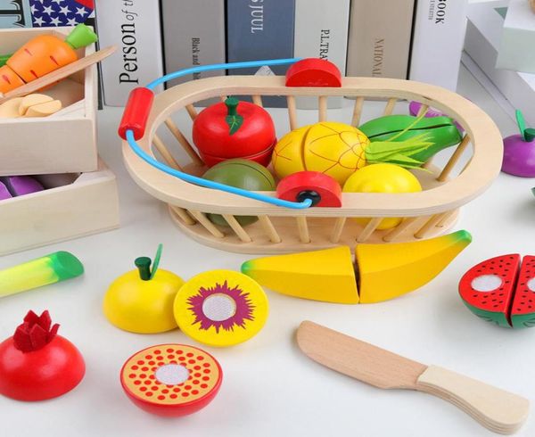Holz Magnetische Obst Gemüse Kombination Schneiden Spiel Haus Spielzeug Kinder Spielen Pretend Simulation Korb Obst set Kinder Geschenke LJ1065154