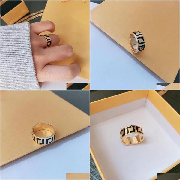 Bandringe Logo Gravieren Designer FF Ring Extravagante Emaille Schwarz Weißgold Sier Rose 316L Edelstahl Buchstabe Frauen Männer Schmuck L Dhqze