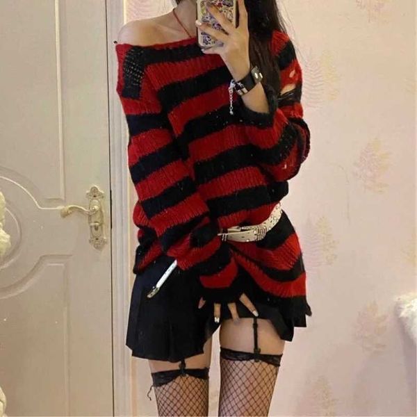 Kadınlar bluz gömlekleri yeni punk gotik uzun unisex sweater yaz kadınlar çizgili serin içi boş delik kırık jumper gevşek kaya ince koyu sokak kıyafetleri üst yq240120