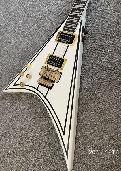 Linkshänder Randy Rhoad RR1 Concorde V Weiße E-Gitarre Black Line Floyd Rose Tremolo Bridge Whammy Bar Gold Hardware