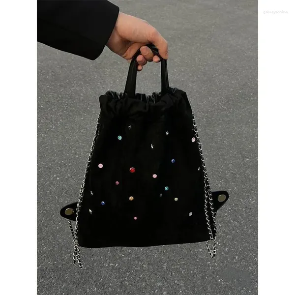Школьные сумки с бриллиантами Дизайн Серебряный кожаный рюкзак через плечо для женщин 2024 Роскошные дизайнерские корейские модные сумки на шнурке с цепочкой