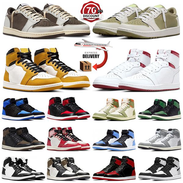 com caixa jumpman 1 sapatos de basquete baixos 1s amarelo ocre metálico borgonha reverso mocha cetim criado jumpman1s mens treinadores mulheres tênis esportes