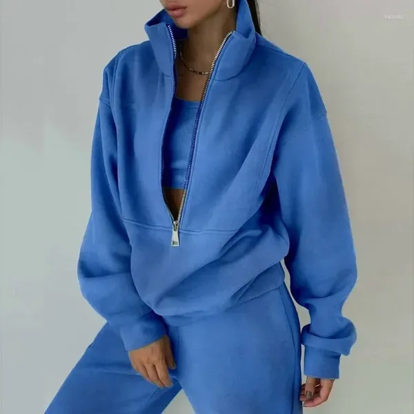 Hoodies femininos 2024 camisola com zíper rua escovado moletom moda casual conjunto zip up moletom com capuz
