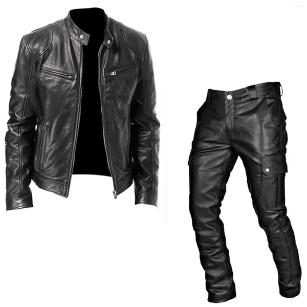 Fatos masculinos retro duas peças terno homens moda pu jaqueta de couro casual gola motocicleta lapela zíper jaquetas calças