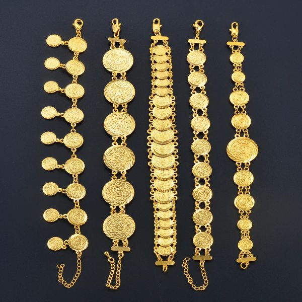 Pulseira de moeda de ouro amarelo 14k, mulheres, meninas, pulseiras africanas, joias, dubai, oriente médio, árabe, ornamento de noiva