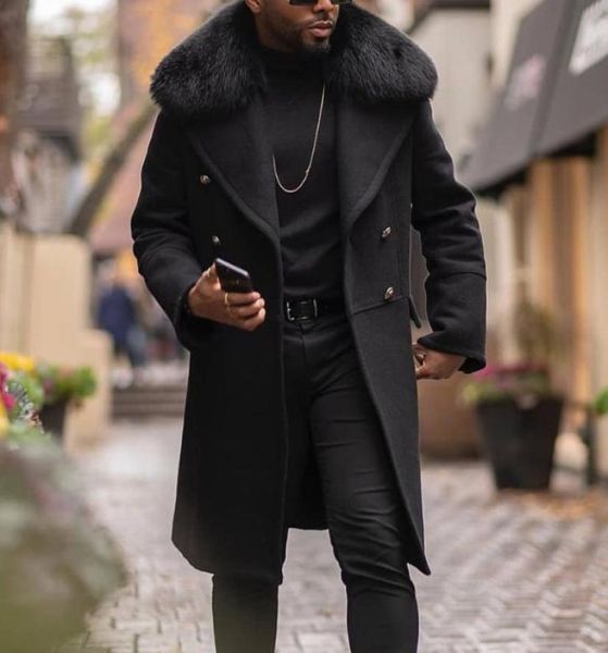 Designer homens lã trench coat gola de pele do falso moda inverno negócios longo grosso fino ajuste casaco jaqueta parka roupas masculinas plus9578375