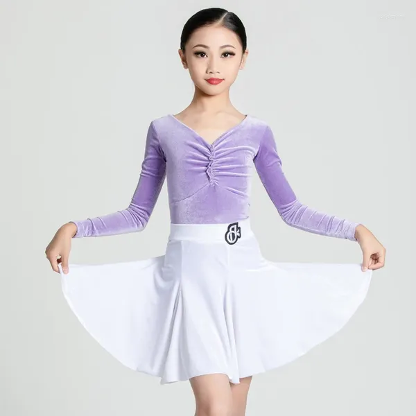 Abbigliamento da palco Velluto viola Top latino Gonne bianche Ragazze Ballo da sala Concorso Abiti Bambini Samba Rumba Abiti SL9346