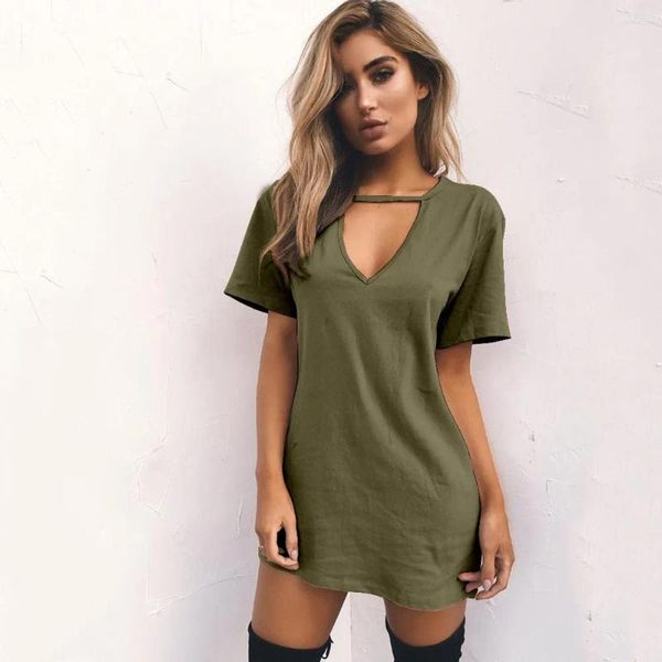 Vestidos casuais moda feminina com decote em v sólido oco elegante vestido verde primavera solto mini manga curta confortável plus size