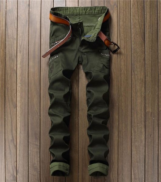 Calça jeans masculina skinny rasgada inteira 2017, calça cargo com vários bolsos, verde militar, lápis plissada, 4752445