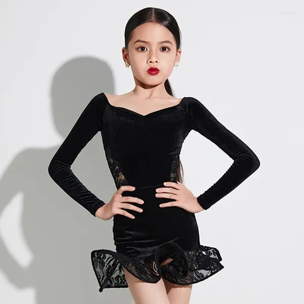Сценическая одежда, детская одежда для латинских танцев, черный кружевной бархатный костюм для девочек, платье с длинными рукавами, платье для бальных соревнований DNV19159