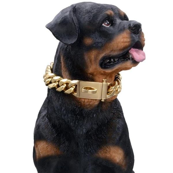 Catene Collana con collare in oro da 15 mm per cani da compagnia Robuste maglie metalliche in acciaio inossidabile Catena antiscivolo per addestramento di grandi razze-Rottweiler298C