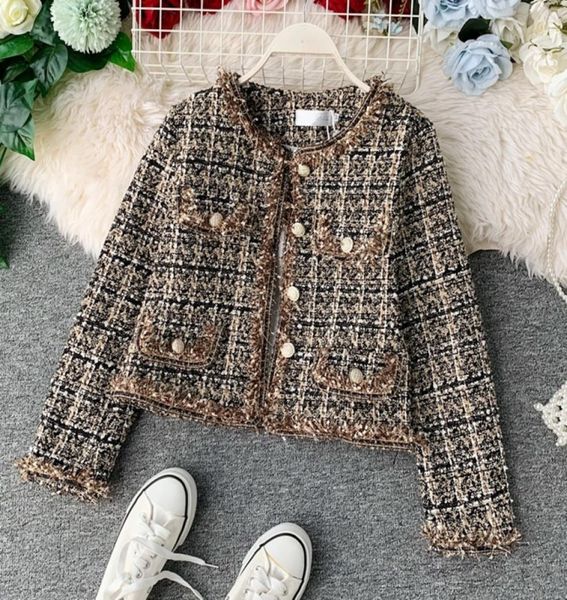 Nuovo autunno inverno vintage giacca di tweed cappotto donna piccola fragranza patchwork coreano cappotti corti di lana elegante tuta sportiva corta 23886903