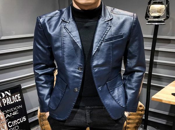 Primavera Autunno Uomo Cappotto in ecopelle PU Giacca da motociclista Maschile Cool Slim Ragazzi Bottone oversize 3xl 4xl Cappotto blu scuro Uomo0395645208