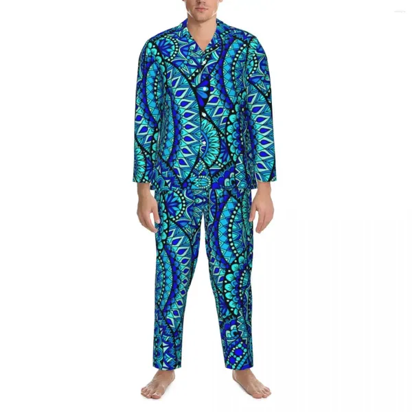 Homens sleepwear oceano mandala pijama conjuntos outono retro floral impressão moda noite homens 2 peças soltas oversized personalizado nightwear presente