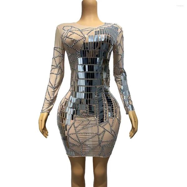 Abbigliamento da palcoscenico Strass argento lampeggiante Specchi Abito Abiti da sera sexy Compleanno da donna Festeggia costume da ballo vestito YSHY