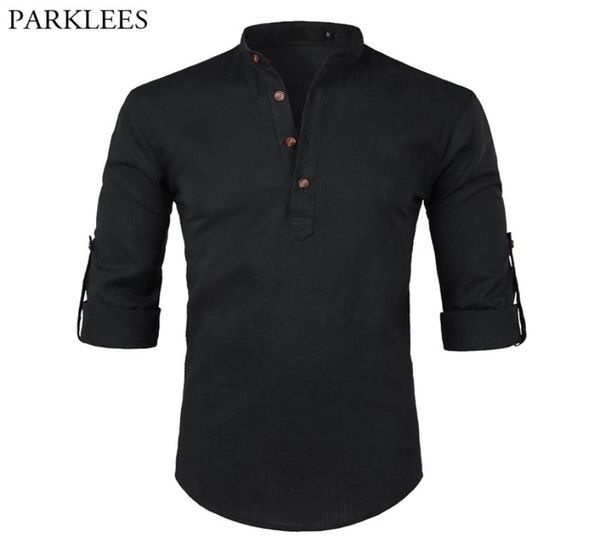 Camisa de linho de algodão preto masculina outono manga enrolada camisas casuais masculinas slim fit camisa henley masculina chemise homme 2106287771416