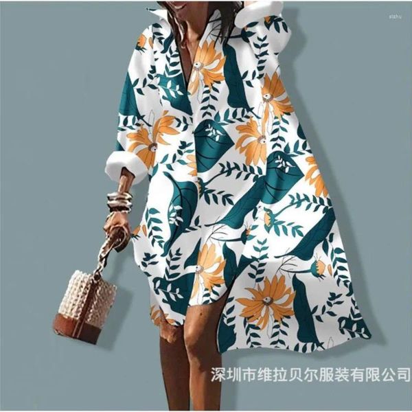 Vestidos casuais linda camisa de verão feminina vestido moda solta manga comprida botão impresso elegante praia vestido midi para mulheres 2024