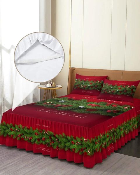 Gonna letto Albero di Natale Aghi di pino Fiocco di caramella Copriletto elastico con federe Coprimaterasso Set lenzuolo