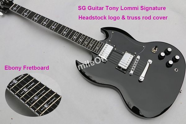 Chitarra elettrica classica Tony Lommi Signature G nera, chitarra con intarsio incrociato, servizio personalizzato OK
