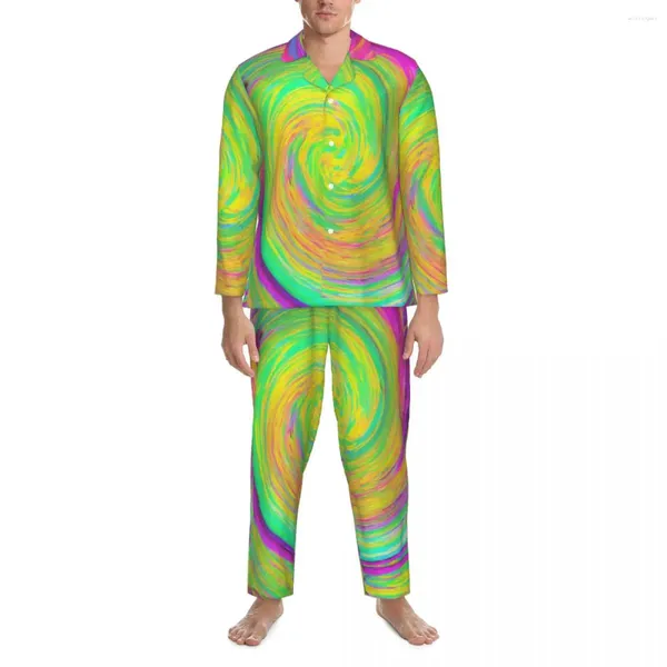 Erkekler Sweetwear Sarı Sıvı Swirl Pijama Setleri Groovy Soyut Sevimli Çift Uzun Kollu Gevşek Ev İki Parça Takım Artı Boyut