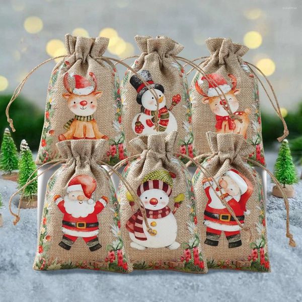Подарочная упаковка, 6 шт., колокольчики Санта-Клауса, лося, маленького медведя на шнурке, сумка из натуральной мешковины, джутовая сумка 10x15 см, хлопок, лен, рождественский принт