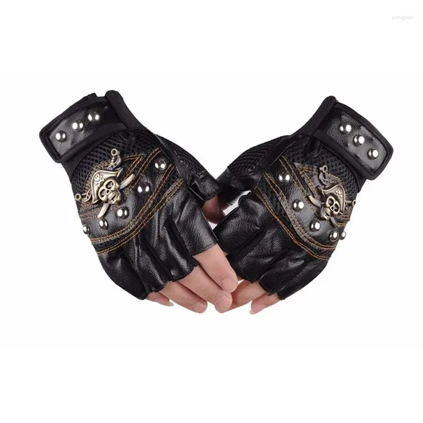 Fahrradhandschuhe Leder Motorrad Motocross Racing Halbfinger Piratenschädel Niete Punk