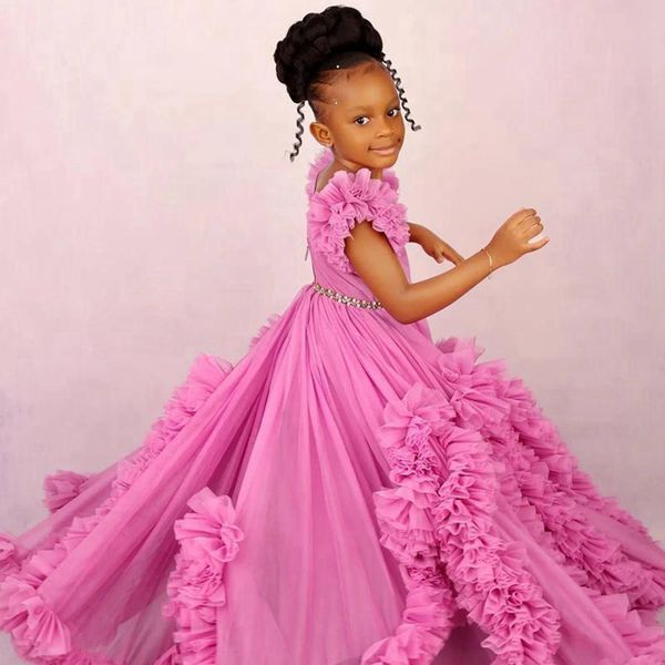 Africano Fuchsia Flower Girl Vestidos Sheer Neck Tiered Tulle Ball Vestidos Flowergirl Vestido Princesa Rainha Meninas Vestido de Festa de Aniversário Vestidos de Casamento NF031