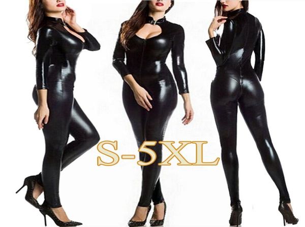 Catsuit in pelle PU Wetlook Tuta elastica a taglio basso Sexy Cat Woman Costume Erotico con apertura sul cavallo Cerniera Body Lingerie sexy4695636