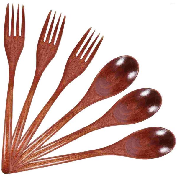 Conjuntos de utensílios de jantar 6 PCs Spoon fork de madeira e duas peças com alça longa com alça longa portátil utensílios de talheres de talheres portáteis bolo ergonômico