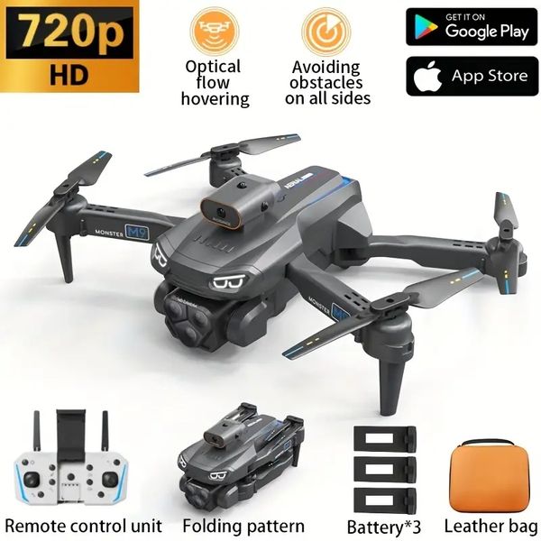 Drone C9 nero con evitamento intelligente degli ostacoli, regolazione tramite telecomando di quattro telecamere, 3 batterie, ritorno con un solo tasto, connessione WIFI