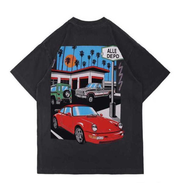 Homens camisetas 21ss primavera verão americano unisex drive thru carro camiseta angustiado vintage tee skate homens mulheres high street casual tshirt ftnd