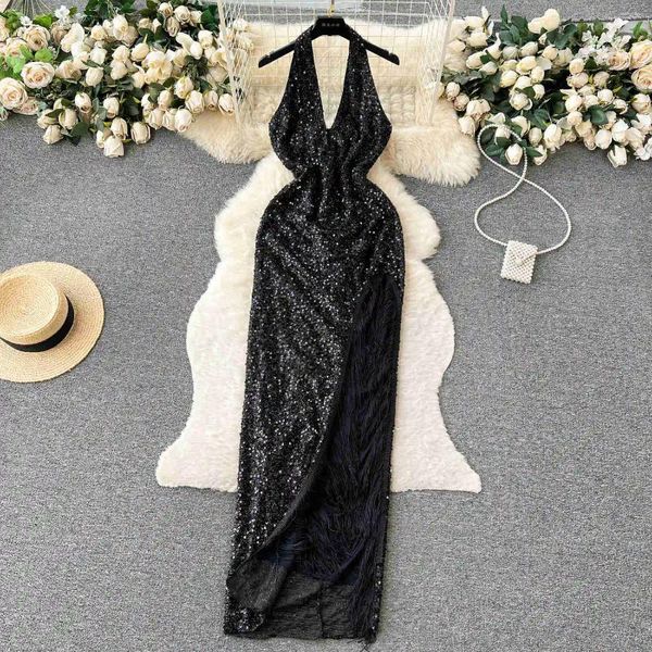 Casual Kleider Frauen Sexy Schwarz Neckholder Tiefem V Sparkly Pailletten Party Kleid Elegante Dame Ärmellos Rückenfrei Hohe Split Quasten Abend Club