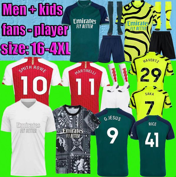 VERSÃO DO JOGADOR DE FANSO Smith Rowe Rice Soccer Jerseys Havertz G. Jesus Saka 2023 2024 Odegaard Martinei Saiba Arsen 23 24 Camisa de futebol All Men Kit Kids 3x 3x