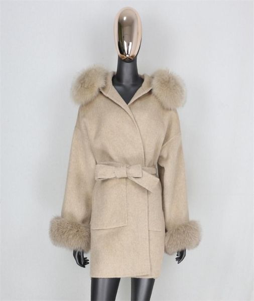 FURBELIEVE Cappotto in vera pelliccia Giacca invernale Donna 100 Collo in pelliccia di volpe naturale Polsini Cashmere Misto lana Capispalla oversize Nuovo 2012237550736