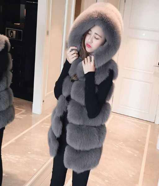 Novo casaco de inverno falso prata alta qualidade casaco de pele de raposa com capuz colete listra moda médio longo colete tamanho grande feminino outwear2006696